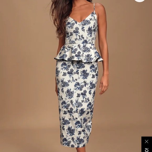 Lulus Dresses & Skirts - NWOT Lulu’s A Sight To See Navy Blue Floral Print Jacquard Peplum Midi Dress